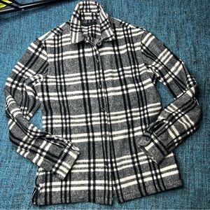 All Saints Men's Zenith Plaid Flannel Shirt Wool Blend Black Grey White